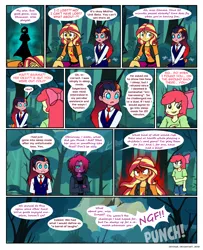 Size: 842x1038 | Tagged: safe, artist:crydius, derpibooru import, apple bloom, sunset shimmer, oc, oc:eldritch, oc:gamma, comic:calamitous card game, equestria girls, comic, defeat, image, png, punch, red eyes, red eyes take warning, sweat, sweating profusely