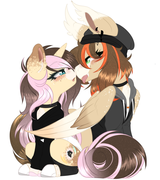 Size: 3707x4178 | Tagged: safe, artist:red_moonwolf, derpibooru import, oc, oc:eclipsed moonwolf, oc:orange lightning, pegasus, unicorn, derpibooru community collaboration, 2022 community collab, :p, boots, choker, clothes, colored wings, gradient mane, gradient wings, horn, image, looking at each other, looking at someone, pegasus oc, piercing, png, shoes, simple background, socks, tongue out, transparent background, unicorn oc, wings