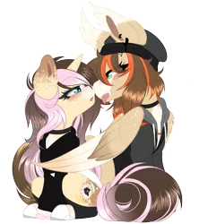 Size: 3707x4178 | Tagged: safe, artist:red_moonwolf, derpibooru import, oc, oc:eclipsed moonwolf, oc:orange lightning, pegasus, unicorn, derpibooru community collaboration, 2022 community collab, :p, boots, choker, clothes, colored wings, gradient mane, gradient wings, horn, image, looking at each other, looking at someone, pegasus oc, piercing, png, shoes, simple background, socks, tongue out, transparent background, unicorn oc, wings