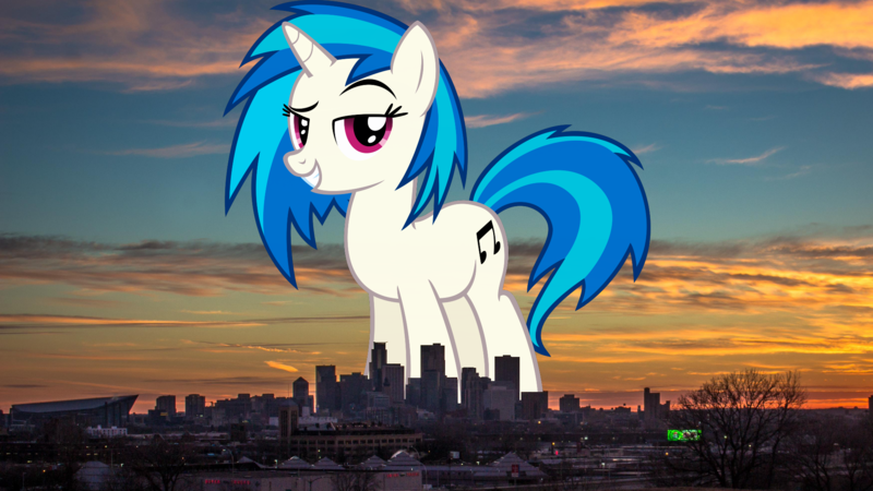 Size: 1920x1080 | Tagged: safe, artist:moongazeponies, derpibooru import, vinyl scratch, pony, unicorn, background pony, female, giant pony, giant unicorn, giant vinyl scratch/giant dj pon-3, giantess, highrise ponies, image, irl, macro, mare, mega giant, minneapolis, minnesota, photo, png, ponies in real life