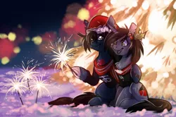 Size: 1925x1280 | Tagged: safe, artist:lonerdemiurge_nail, derpibooru import, oc, ponified, ponified:kellin quinn, ponified:oliver sykes, earth pony, pony, undead, unicorn, zombie, zombie pony, bone, bring me the horizon, chest fluff, christmas, clothes, commission, disguise, disguised siren, duo, duo male, fangs, fireworks, gay, happy, hat, holiday, holly, hoof hold, horn, image, jewelry, male, necklace, open mouth, png, santa hat, scar, scarf, shipping, shirt, sitting, sleeping with sirens, snow, sparkler (firework), stallion, t-shirt, tattoo, torn ear, ych result