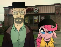 Size: 2600x2000 | Tagged: safe, artist:swagstapiece, derpibooru import, pinkie pie, human, pony, beanie, breaking bad, clothes, crossover, duo, female, glasses, hat, hoodie, image, jpeg, looking at you, male, mare, walter white, wendy's