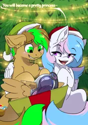 Size: 2481x3507 | Tagged: safe, artist:arctic-fox, derpibooru import, oc, oc:baysick, oc:starburn, unofficial characters only, earth pony, pegasus, pony, christmas, christmas tree, duo, fake horn, fake wings, gift giving, hat, holiday, image, jpeg, present, santa hat, tree