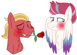 Size: 1280x922 | Tagged: safe, artist:venomtwt-artistowo, derpibooru import, sprout cloverleaf, zipp storm, earth pony, pegasus, pony, my little pony: a new generation, blushing, cute, eyes closed, female, flower, g5, image, looking away, male, mare, png, shipping, shy, simple background, stallion, straight, zippsprout