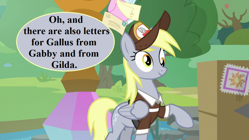 Size: 1280x720 | Tagged: safe, derpibooru import, edit, edited screencap, screencap, derpy hooves, the point of no return, cute, derpabetes, hat, image, implied gabby, implied gallus, implied gilda, letter, mailmare hat, mailpony uniform, parcel, png, speech, speech bubble, talking