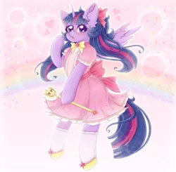 Size: 2040x2000 | Tagged: safe, artist:saltyvity, derpibooru import, seven seas, twilight sparkle, twilight sparkle (alicorn), alicorn, pony, alternate hairstyle, anime style, clothes, cute, heart, image, magic, magical girl, pink dress, png, rainbow, solo, sparkles, transformation