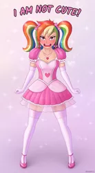 Size: 2200x4000 | Tagged: safe, artist:irisarco, derpibooru import, rainbow dash, human, angry, blushing, blushing profusely, bow, breasts, cleavage, clothes, dress, embarrassed, female, frilly dress, gloves, heart, humanized, image, jewelry, lidded eyes, long gloves, looking at you, necklace, open mouth, pigtails, png, rainbow dash always dresses in style, shoes, simple background, socks, solo, standing, stockings, text, thigh highs, tsunderainbow, tsundere, twintails, watermark