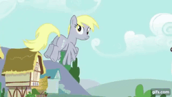 Size: 640x360 | Tagged: safe, derpibooru import, screencap, derpy hooves, pegasus, pony, no second prances, season 6, ^^, animated, cute, derpabetes, eyes closed, falling, female, floppy ears, flying, gif, gifs.com, image, mare, smiling, solo, spread wings, this will end in friendship, wings