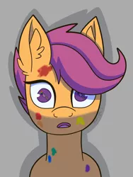 Size: 3000x4000 | Tagged: semi-grimdark, artist:starlight-j, derpibooru import, scootaloo, pegasus, pony, fanfic:rainbow factory, absentia, blood, fanfic art, female, filly, foal, gray background, image, jpeg, liquid rainbow, open mouth, rainbow blood, realisation, shocked, simple background, solo, spectra
