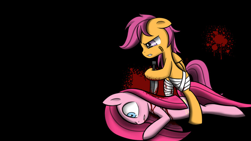 Size: 1920x1080 | Tagged: grimdark, artist:demoxyraphym-mslyce, derpibooru import, pinkie pie, scootaloo, fanfic:cupcakes, alternate ending, angry, bandage, black background, bleeding, blood, blood splatter, crying, duo, evil, evil scootaloo, fanfic art, female, good end?, grimdark scootaloo, image, jpeg, knife, pinkamena diane pie, plaster, revenge, simple background, stabbing