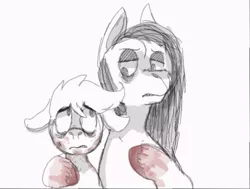 Size: 512x387 | Tagged: semi-grimdark, artist:cheshiredeathcat, derpibooru import, pinkie pie, scootaloo, earth pony, pegasus, pony, fanfic:cupcakes, assistant, assistant scootaloo, blood, blood on face, blood on hoof, duo, fanfic art, female, filly, floppy ears, foal, gritted teeth, image, jpeg, lidded eyes, looking at each other, looking at someone, pencil drawing, pinkamena diane pie, scared, simple background, teeth, traditional art, white background