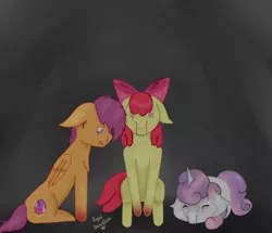 Size: 1024x882 | Tagged: semi-grimdark, artist:royal-snowflake, derpibooru import, apple bloom, scootaloo, sweetie belle, earth pony, pegasus, pony, unicorn, fanfic:can't stand to be apart, 2018, beige background, bleeding, bleeding ears, bleeding eyes, blood, blood on hoof, bloodshot eyes, covering ears, crying, cutie mark crusaders, fanfic art, floppy ears, goretober, image, jpeg, nosebleed, pain, sad, signature, tears of pain, trio