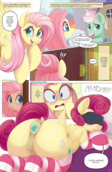 Size: 1547x2380 | Tagged: explicit, artist:pyropk, derpibooru import, fluttershy, gentle breeze, posey shy, pegasus, pony, comic:best anniversary gift, anal insertion, anatomically correct, anus, blindfold, blushing, butt, buttplug, clothes, comic, dialogue, dock, ear piercing, earring, embarrassed, female, image, insertion, jeweled buttplug, jewelry, large butt, large ponut, lying down, male, mare, milf, mistaken identity, necklace, nudity, open mouth, open smile, pearl necklace, piercing, plot, plug, png, ponut, posey butt, presenting, prone, sex toy, shocked, shocked expression, smiling, socks, solo, speech bubble, stallion, stockings, striped socks, tail, the ass was fat, thigh highs, thought bubble, vulva, wings