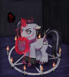 Size: 3689x4096 | Tagged: safe, artist:yumomochan, derpibooru import, oc, pony, unicorn, bags under eyes, book, candle, clothes, ear fluff, fire, image, jpeg, magic, male, occult, scarf, stallion