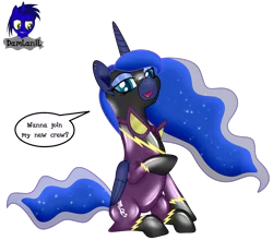 Size: 4154x3840 | Tagged: safe, artist:damlanil, derpibooru import, princess luna, alicorn, pony, bodysuit, catsuit, clothes, costume, crown, cute, ear piercing, ethereal mane, eyeshadow, female, galaxy mane, goggles, horn, image, jewelry, latex, latex suit, looking at you, makeup, mare, piercing, png, regalia, rubber, shadowbolts, shadowbolts costume, shiny, shiny mane, show accurate, simple background, sitting, smiling, smiling at you, solo, suit, transparent background, vector, wings