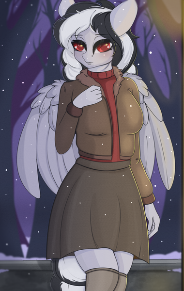 Size: 1140x1800 | Tagged: safe, artist:munrei, derpibooru import, oc, oc:oni, unofficial characters only, anthro, pegasus, clothes, commission, commission result, female, image, jacket, night, park, png, red eyes, skirt, snow, socks, solo, solo female, stockings, sweater, thigh highs, tree, wings