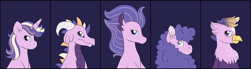 Size: 4025x1111 | Tagged: safe, artist:queenderpyturtle, derpibooru import, oc, oc:jewelia, dragon, gryphon, pony, seapony (g4), sheep, unicorn, image, jpeg, parent:rarity, parent:steven magnet, solo, species swap