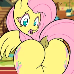 Size: 1668x1678 | Tagged: suggestive, artist:steelsoul, derpibooru import, fluttershy, pegasus, pony, both cutie marks, butt, colored eyelashes, colored pupils, dock, eyebrows, eyebrows visible through hair, eyelashes, featureless crotch, female, flutterbutt, fluttershy's cottage, image, jpeg, looking back, mare, open mouth, partially open wings, plot, rear view, scene interpretation, solo, surprised, tail, tail aside, wings