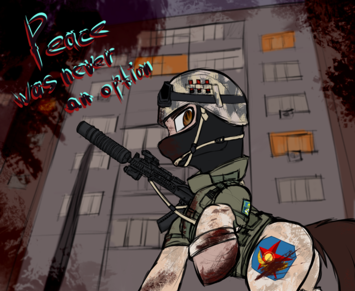 Size: 1315x1080 | Tagged: semi-grimdark, artist:syntiset, derpibooru import, oc, unofficial characters only, earth pony, pony, angry, anti fragmentation glasses, armor, assault rifle, balaclava, belt, blood, camouflage, city, clothes, colored sketch, earth pony oc, glasses, goggles, gun, helmet, image, kazakhstan, looking at you, male, military, military uniform, pants, patch, png, pony oc, rifle, sketch, solo, stallion, suppressor, tactical, town, uniform, weapon