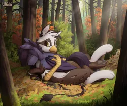 Size: 3000x2500 | Tagged: safe, artist:uliovka, derpibooru import, oc, oc:nyn indigo, oc:ospreay, unofficial characters only, gryphon, hybrid, original species, timber pony, timber wolf, crepuscular rays, folded wings, forest, gay, grass, high res, image, leaves, male, png, scenery, species swap, tree, wings