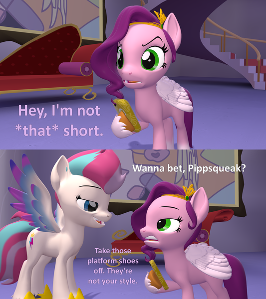 Size: 1920x2160 | Tagged: safe, artist:red4567, derpibooru import, pipp, pipp petals, zipp storm, pegasus, pony, 3d, comic, duo, duo female, female, g5, image, mare, phone, pipp is not amused, pipp is short, platform shoes, png, source filmmaker, unamused