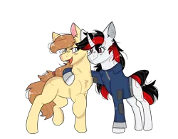 Size: 1280x1000 | Tagged: safe, artist:valkiria, derpibooru import, oc, oc:blackjack, oc:cream heart, unofficial characters only, earth pony, pony, unicorn, derpibooru community collaboration, fallout equestria, fallout equestria: project horizons, 2022 community collab, curved horn, fanfic art, horn, image, png, smiling