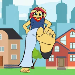 Size: 768x768 | Tagged: suggestive, artist:thatradhedgehog, derpibooru import, sunset shimmer, equestria girls, bell bottom pants, feet, female, giantess, image, jpeg, macro, superman