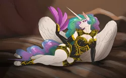 Size: 1200x738 | Tagged: safe, artist:sunny way, derpibooru import, princess celestia, alicorn, anthro, horse, art, artwork, bed, digital art, fan, fancy, feather, feathered fan, female, horn, hot, image, my little pony, patreon, patreon reward, patreonreward, png, solo, thick, wings