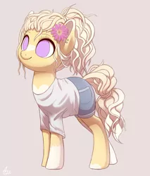 Size: 1700x2000 | Tagged: safe, artist:luminousdazzle, derpibooru import, oc, oc:vanilla heart, unofficial characters only, earth pony, pony, clothes, coat markings, ear piercing, female, flower, flower in hair, heart mark, image, looking up, mare, markings, no iris, pastel, piercing, png, ponytail, purple eyes, shirt, shorts, simple background, socks (coat marking), solo, solo female