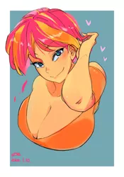 Size: 1400x2000 | Tagged: suggestive, artist:sozglitch, derpibooru import, sunset shimmer, equestria girls, alternate hairstyle, bare shoulder portrait, bare shoulders, big breasts, breasts, bust, busty sunset shimmer, cleavage, female, floating heart, heart, huge breasts, image, jpeg, looking at you, portrait, short hair, smiling, smiling at you, solo, solo female