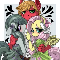 Size: 800x800 | Tagged: safe, artist:pumpiikin, derpibooru import, big macintosh, fluttershy, marble pie, anthro, earth pony, pegasus, big macintosh gets all the mares, blushing, bow, clothes, dress, eyeshadow, female, floating heart, floppy ears, fluttermac, fluttermarblemac, hair bow, heart, image, lidded eyes, looking at you, makeup, male, marblemac, png, polyamory, shipping, smiling, straight