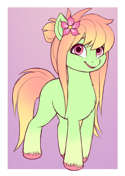 Size: 1350x1900 | Tagged: safe, artist:luminousdazzle, derpibooru import, oc, unnamed oc, unofficial characters only, earth pony, pony, colored, design, female, flat colors, flower, flower in hair, freckles, g5, gradient hooves, gradient mane, image, long hair, looking up, mare, png, simple background, smiling, solo, solo female, unshorn fetlocks