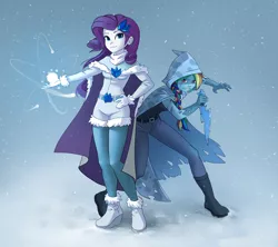 Size: 1800x1600 | Tagged: safe, artist:vyazinrei, derpibooru import, rainbow dash, rarity, equestria girls, alternate hairstyle, cape, cloak, clothes, dagger, duo, image, jpeg, magic, rainbow rogue, shorts, snow, story in the source, the snow maiden, weapon, winter