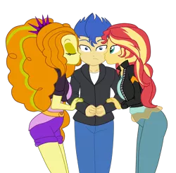Size: 2900x2845 | Tagged: safe, artist:3d4d, derpibooru import, adagio dazzle, flash sentry, sunset shimmer, equestria girls, clothes, eyes closed, female, flashagio, flashimmer, high res, image, jacket, kissing, love triangle, male, pants, png, shipping, shorts, straight