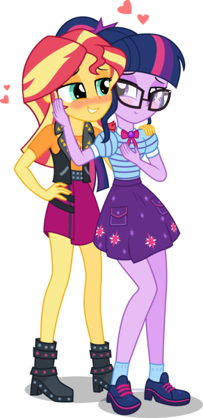 Size: 1920x3946 | Tagged: safe, artist:n0kkun, derpibooru import, sci-twi, sunset shimmer, twilight sparkle, equestria girls, blushing, boots, bowtie, clothes, duo, female, glasses, grin, heart, high heel boots, hug, image, jacket, leather jacket, lesbian, looking at each other, looking at someone, png, scitwishimmer, shipping, shirt, shoes, simple background, skirt, smiling, sunsetsparkle, t-shirt, transparent background