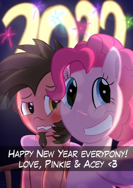 Size: 2480x3508 | Tagged: safe, artist:mrkat7214, derpibooru import, pinkie pie, oc, oc:ace play, earth pony, pony, 2022, blushing, canon x oc, caption, facial hair, female, fireworks, goatee, grin, happy new year, happy new year 2022, holiday, image, jpeg, looking at you, male, nervous, nervous grin, pinkieplay, selfie, shipping, smiling, snapchat, straight, sweat, text, wavy mouth