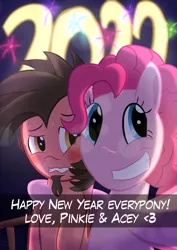 Size: 2480x3508 | Tagged: safe, artist:mrkat7214, derpibooru import, pinkie pie, oc, oc:ace play, earth pony, pony, 2022, blushing, canon x oc, caption, facial hair, female, fireworks, goatee, grin, happy new year, happy new year 2022, holiday, image, jpeg, looking at you, male, nervous, nervous grin, pinkieplay, selfie, shipping, smiling, snapchat, straight, sweat, text, wavy mouth