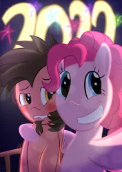 Size: 2480x3508 | Tagged: safe, alternate version, artist:mrkat7214, derpibooru import, pinkie pie, oc, oc:ace play, earth pony, pony, 2022, blushing, canon x oc, facial hair, female, fireworks, goatee, grin, happy new year, happy new year 2022, holiday, image, jpeg, looking at you, male, nervous, nervous grin, pinkieplay, selfie, shipping, smiling, straight, sweat, wavy mouth
