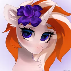 Size: 1700x1700 | Tagged: safe, artist:zlatavector, derpibooru import, oc, oc:starry bluemoon, unofficial characters only, pony, unicorn, bust, commission, female, flower, image, iris, mare, png, portrait, redhead, solo