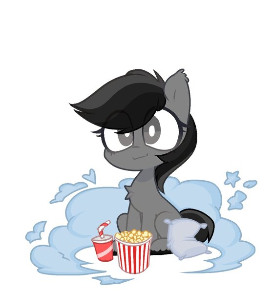 Size: 1141x1220 | Tagged: safe, artist:softpound, derpibooru import, oc, unofficial characters only, earth pony, pony, chest fluff, cloud, food, image, jpeg, pillow, popcorn, smiling, soda drink, solo, white pupils