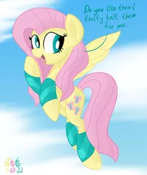 Size: 1332x1589 | Tagged: safe, artist:notadeliciouspotato, derpibooru import, fluttershy, pegasus, pony, arm warmers, clothes, cloud, dialogue, female, flying, image, leg warmers, mare, open mouth, png, signature, smiling, solo, spread wings, talking to viewer, wings