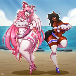 Size: 4000x4000 | Tagged: suggestive, artist:tatemil, derpibooru import, oc, oc:lux, oc:nekonin, unofficial characters only, alicorn, anthro, earth pony, alicorn oc, arm hooves, beach, bikini, breast hold, chest fluff, clothes, crossdressing, earth pony oc, female, femboy, hair ribbon, high heels, horn, image, jewelry, jpeg, male, shoes, skirt, socks, swimsuit, thigh highs, tiara, wings