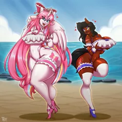 Size: 4000x4000 | Tagged: suggestive, artist:tatemil, derpibooru import, oc, oc:lux, oc:nekonin, unofficial characters only, alicorn, anthro, earth pony, alicorn oc, arm hooves, beach, big breasts, bikini, breast hold, breasts, chest fluff, clothes, crossdressing, earth pony oc, female, femboy, hair ribbon, high heels, horn, image, jewelry, jpeg, male, shoes, skirt, socks, swimsuit, thigh highs, tiara, wings