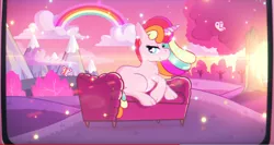 Size: 1929x1026 | Tagged: safe, derpibooru import, butterfly, insect, pony, unicorn, cloud, commercial, couch, dfs, image, mountain, pink, png, pony reference, pop culture, rainbow, tree