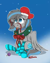 Size: 1744x2208 | Tagged: safe, artist:rokosmith26, derpibooru import, oc, oc:mareana sweetie, unofficial characters only, bat pony, hybrid, pegasus, pony, bow, cheek fluff, chest fluff, christmas, christmas stocking, christmas wreath, clothes, commission, fangs, female, floppy ears, gradient background, holiday, hybrid oc, image, jewelry, looking up, mare, necklace, one ear down, pegasus wings, png, raised hoof, ribbon, simple background, sitting, smiling, socks, solo, striped socks, sweat, sweatdrop, tail, tongue out, wings, wreath, ych result, yin-yang