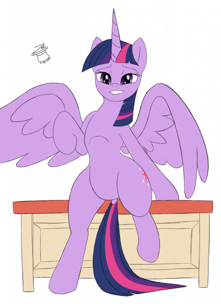 Size: 931x1280 | Tagged: suggestive, artist:zakuinatophat, derpibooru import, twilight sparkle, twilight sparkle (alicorn), alicorn, pony, bedroom eyes, bipedal, bipedal leaning, desk, dock, featureless crotch, female, image, jpeg, leaning, lip bite, looking at you, mare, no more ponies at source, signature, simple background, sitting, solo, solo female, spread wings, tail, white background, wings