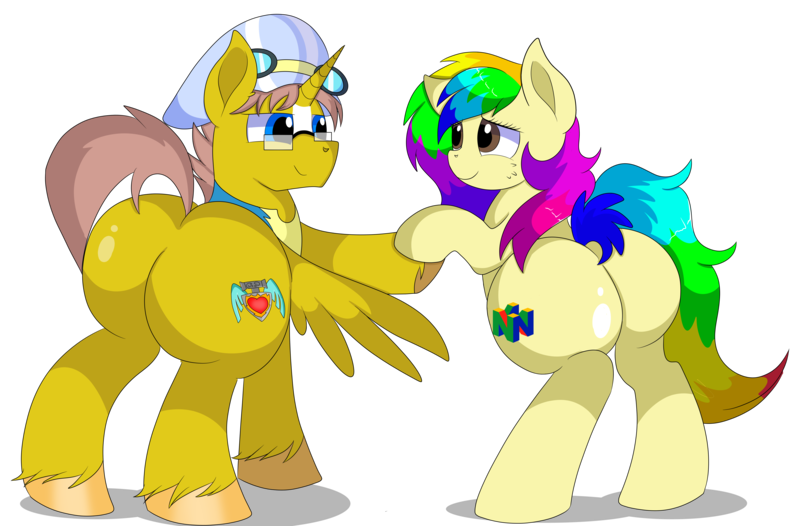 Size: 10800x7100 | Tagged: safe, artist:rainbowtashie, author:bigonionbean, derpibooru import, caboose, full steam, promontory, sunburst, oc, oc:heartstrong flare, oc:rainbow tashie, alicorn, earth pony, pony, butt, clothes, commissioner:bigonionbean, cutie mark, dummy thicc, extra thicc, female, flank, fusion, fusion:heartstrong flare, glasses, goggles, hat, image, male, mare, nintendo, nintendo 64, plot, png, stallion, thicc ass, uniform, wonderbolt trainee uniform