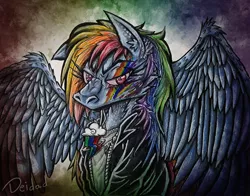 Size: 1000x783 | Tagged: semi-grimdark, artist:deidad_dissitum, derpibooru import, rainbow dash, pegasus, pony, fanfic:rainbow factory, angry, clothes, eyelashes, fanfic art, image, jacket, leather jacket, pinup, png, solo, spread wings, uniform, wings