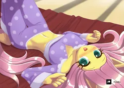 Size: 1407x1000 | Tagged: safe, artist:howxu, derpibooru import, fluttershy, anthro, pegasus, bed, belly button, breasts, clothes, cute, female, image, lying down, on back, open mouth, pajamas, png, shyabetes, solo