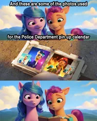 Size: 720x904 | Tagged: safe, artist:zariots, derpibooru import, edit, edited screencap, screencap, hitch trailblazer, izzy moonbow, sunny starscout, earth pony, unicorn, my little pony: a new generation, calendar, firefighter, funny, g5, image, izz, png, police officer, text, whistling